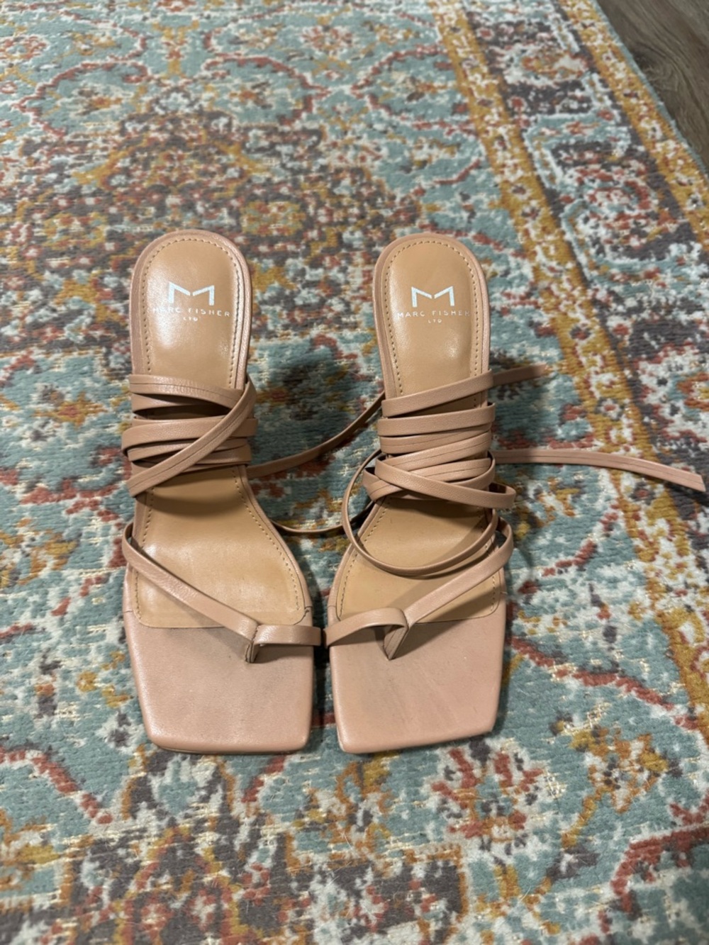 Marc Fisher Beige Wrap-Strap Square-Toe Sandals